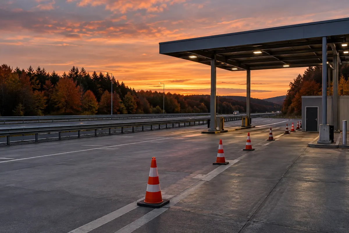Pusty punkt kontroli drogowej przy niemieckiej autostradzie jesienią