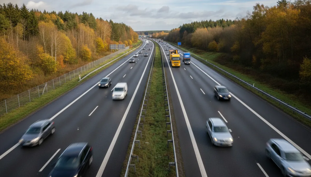 Ilustracyjny widok niemieckiej autostrady z pojazdem pomocy drogowej w oddali