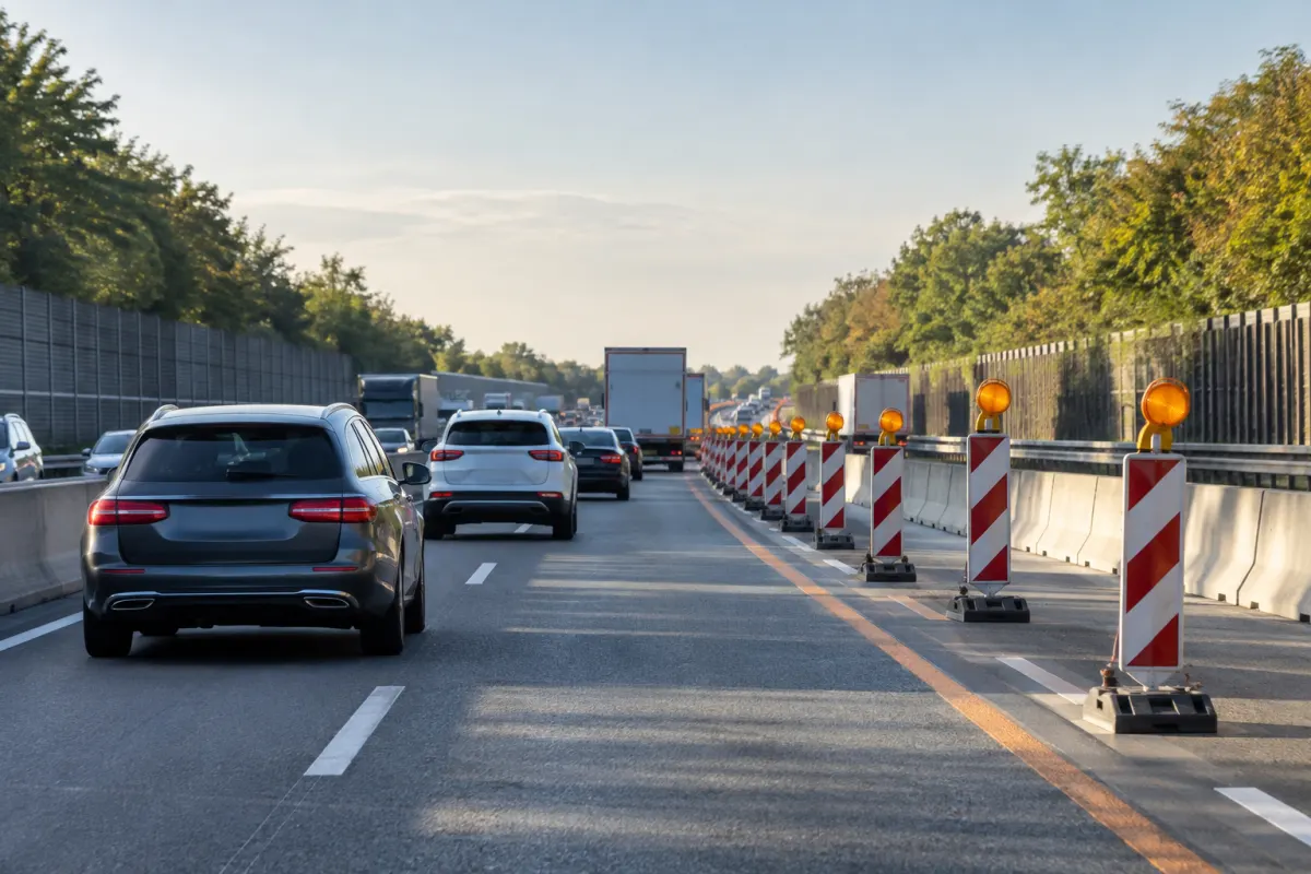 Rozjazd autostradowy i bariery drogowe przy wjeździe do miasta