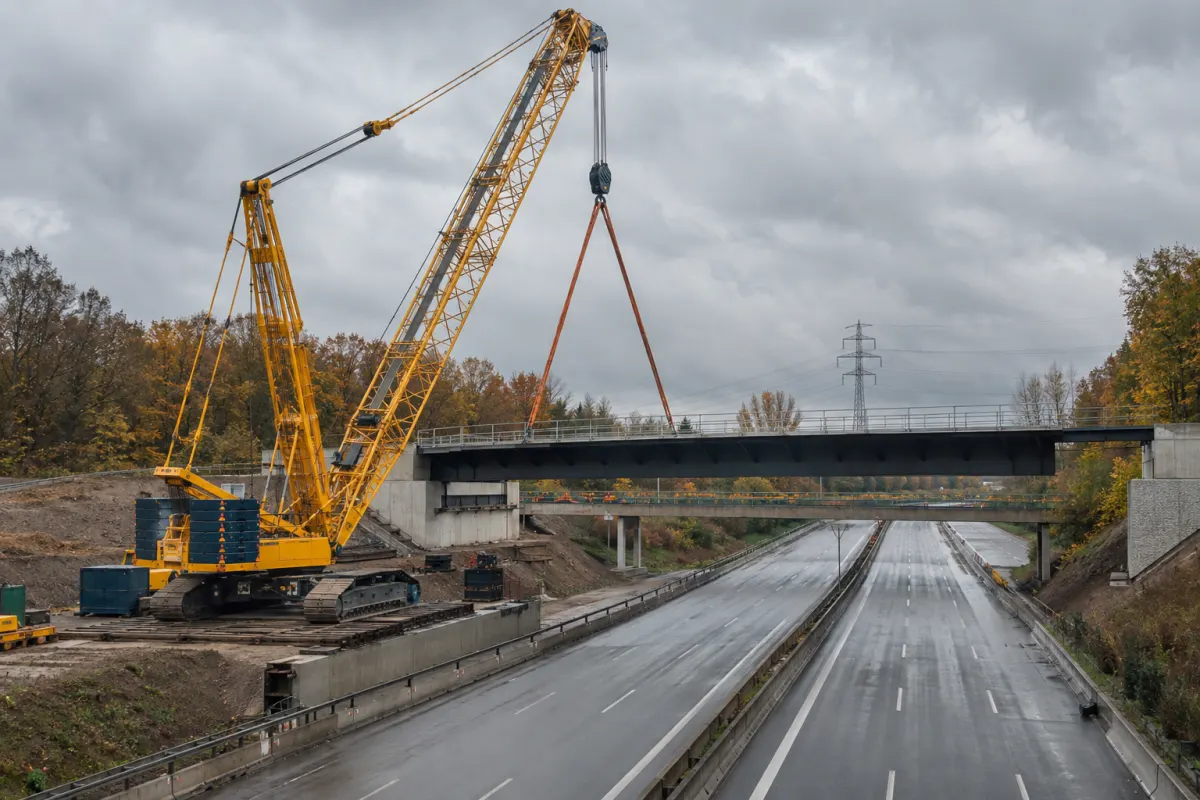 Dźwig gąsienicowy przy stalowym moście nad zamkniętą autostradą