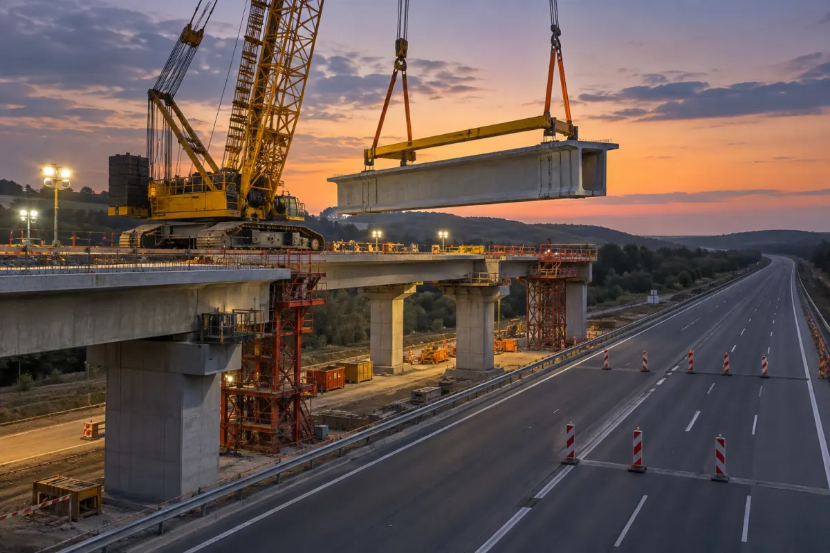 Dźwig i elementy mostu nad pustą jezdnią autostrady