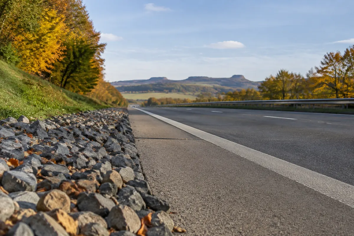Kamienie przy pustym pasie awaryjnym autostrady w saksońskim krajobrazie