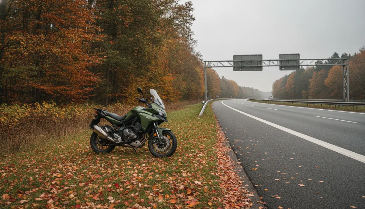 Motocykl zaparkowany przy jesiennej drodze, zdjęcie poglądowe