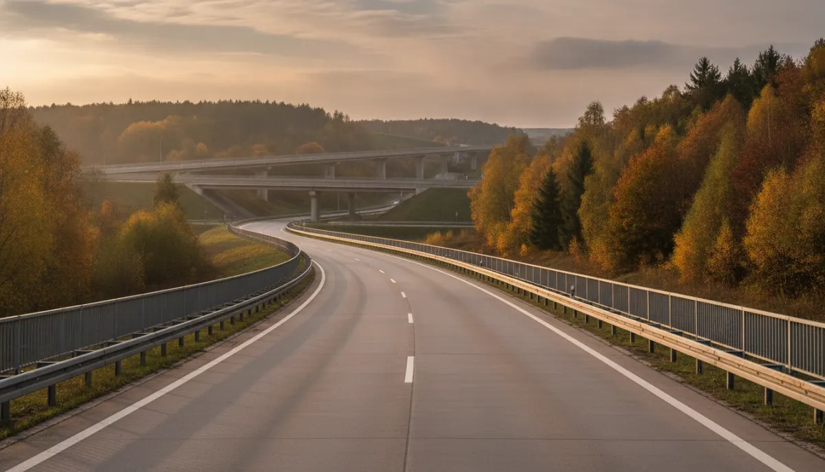Pusta jezdnia łącząca autostrady, z barierami drogowymi w jesiennym świetle