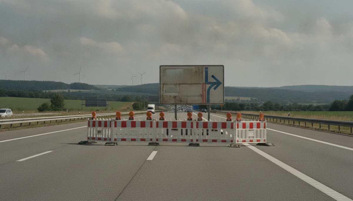 Zamknięty pas autostrady z biało-czerwonymi zaporami i znakiem objazdu