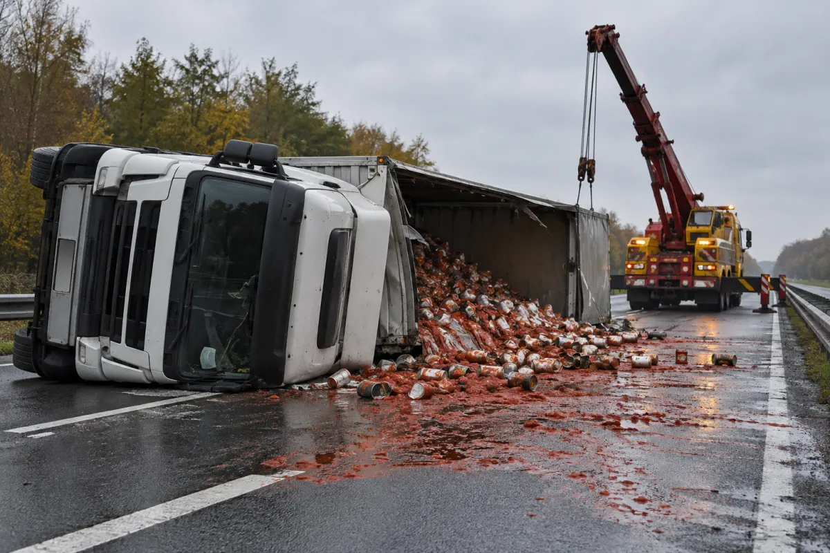 Ciężarówka i pojazd pomocy drogowej na zamkniętej jezdni autostrady