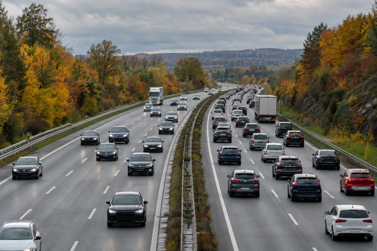 Samochody w korku na niemieckiej autostradzie jesienią