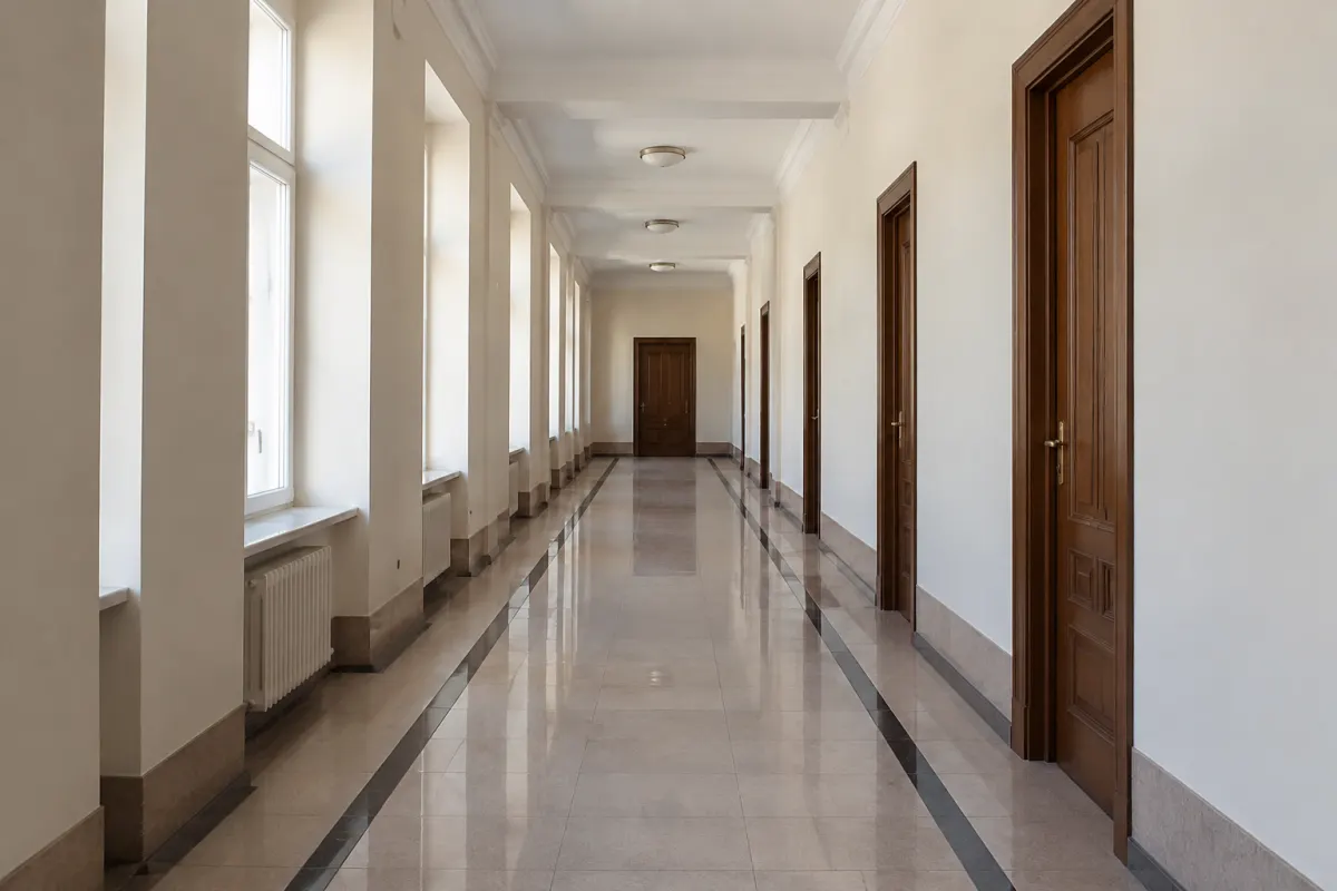Pusty korytarz urzędu ministerstwa z zamkniętymi drzwiami