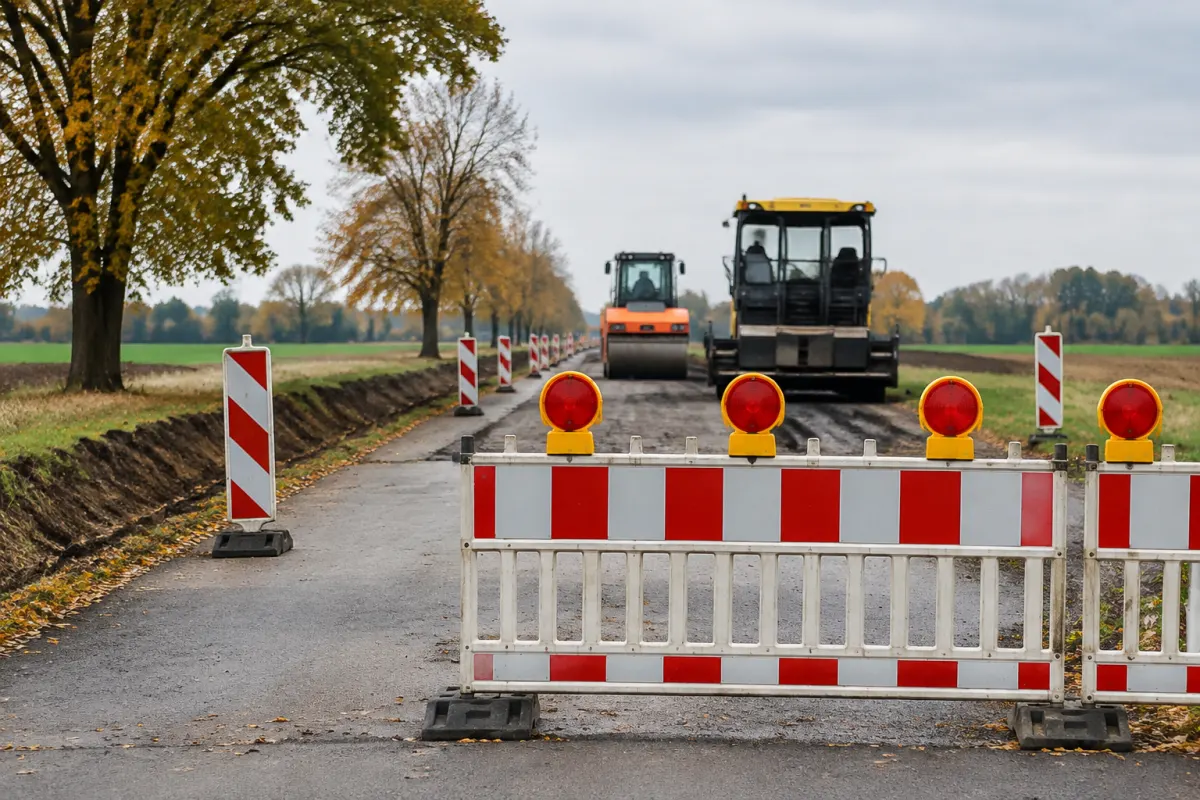 Bariera zamykająca remontowaną drogę wśród pól Meklemburgii