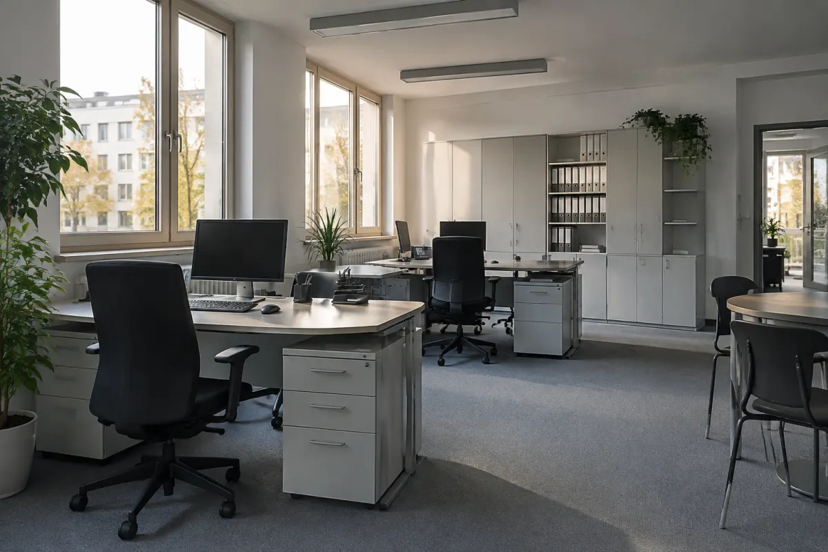 Puste biurka i krzesła w pomieszczeniu niemieckiej administracji