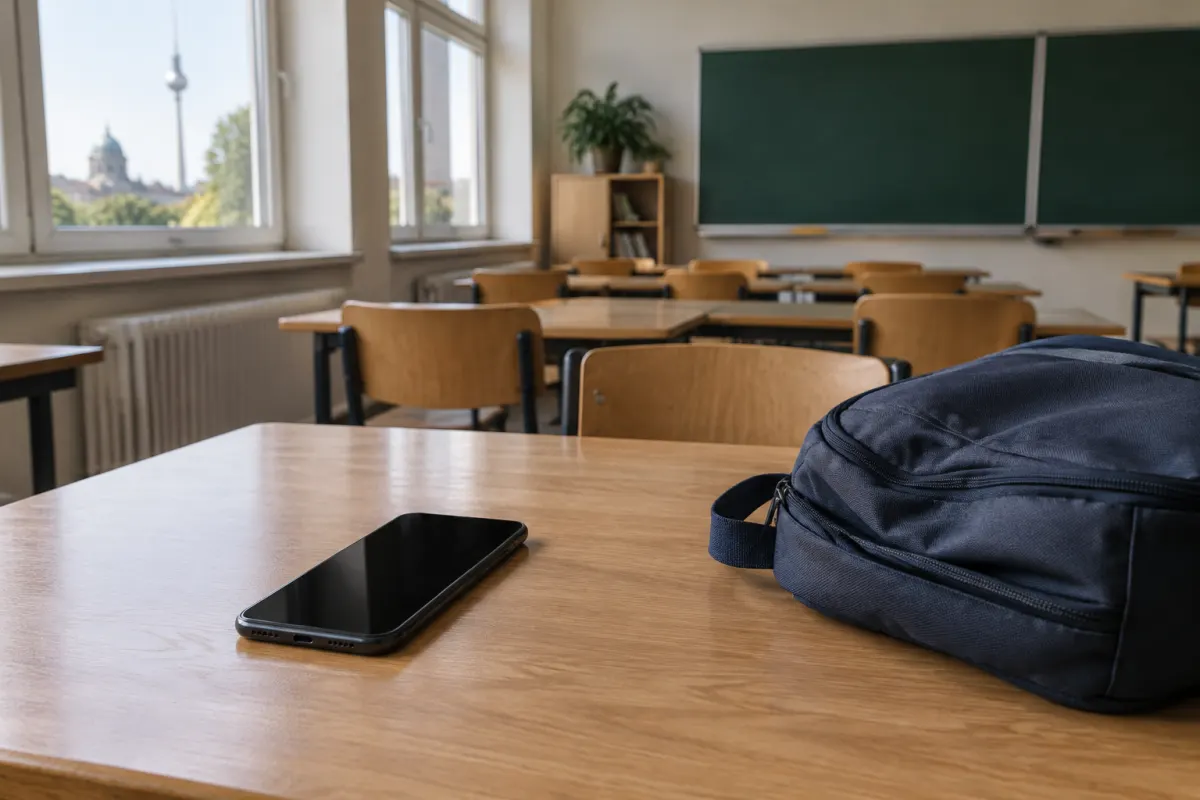 Wyłączony telefon obok zamkniętego plecaka na pustej szkolnej ławce