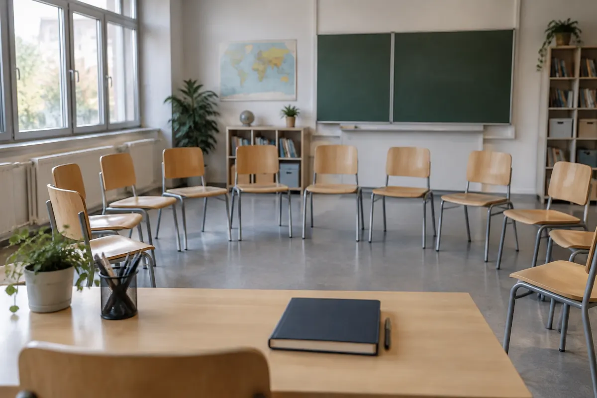 Pusta sala lekcyjna z krzesłami ustawionymi do spotkania i zamkniętym notesem na biurku