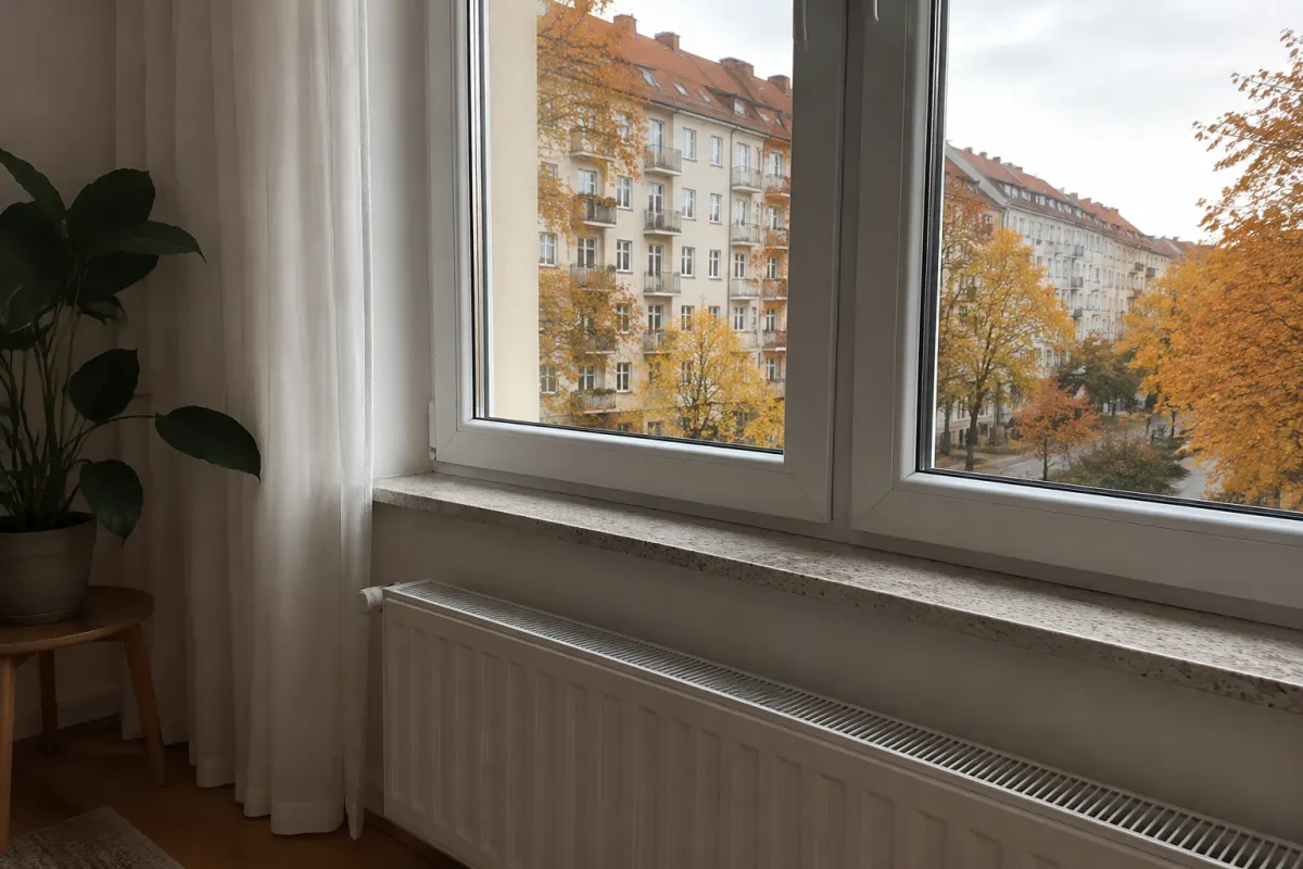Kaloryfer w mieszkaniu przy oknie z widokiem na jesienne budynki