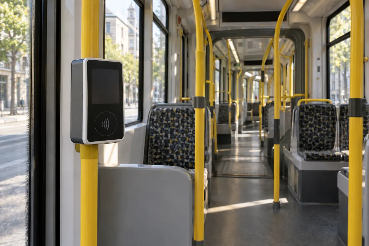 Terminal do płatności zbliżeniowych we wnętrzu miejskiego tramwaju