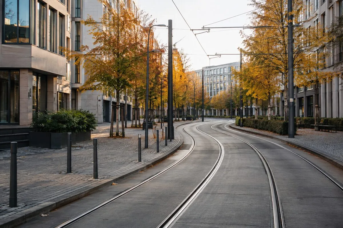 Tory tramwajowe w miejskim krajobrazie Berlina w jesiennym świetle