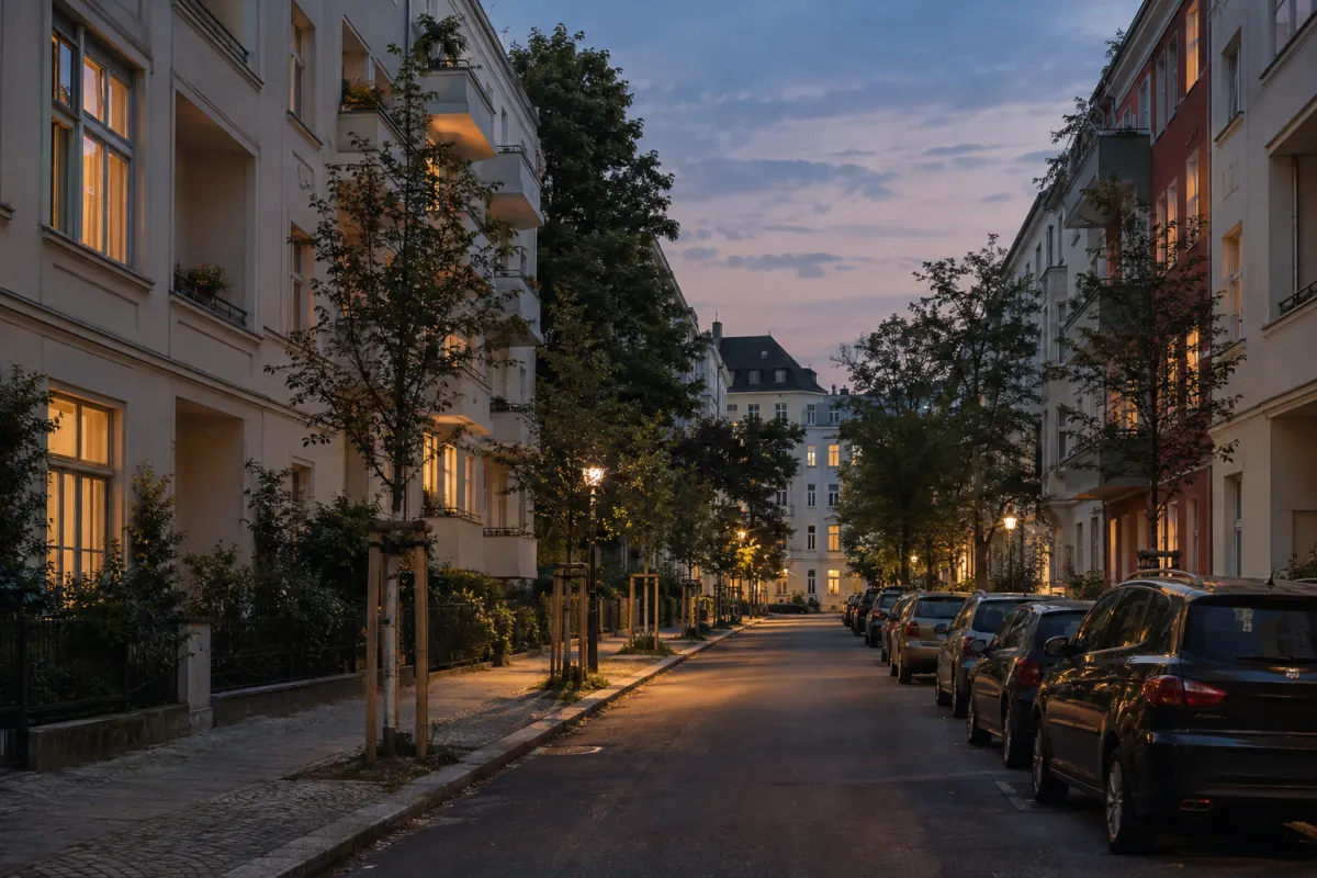 Spokojna ulica mieszkalna w Berlinie po zmroku, bez ludzi