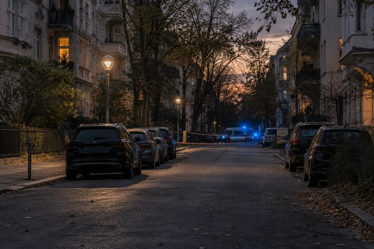Pusta berlińska ulica z policyjną taśmą w wieczornym świetle