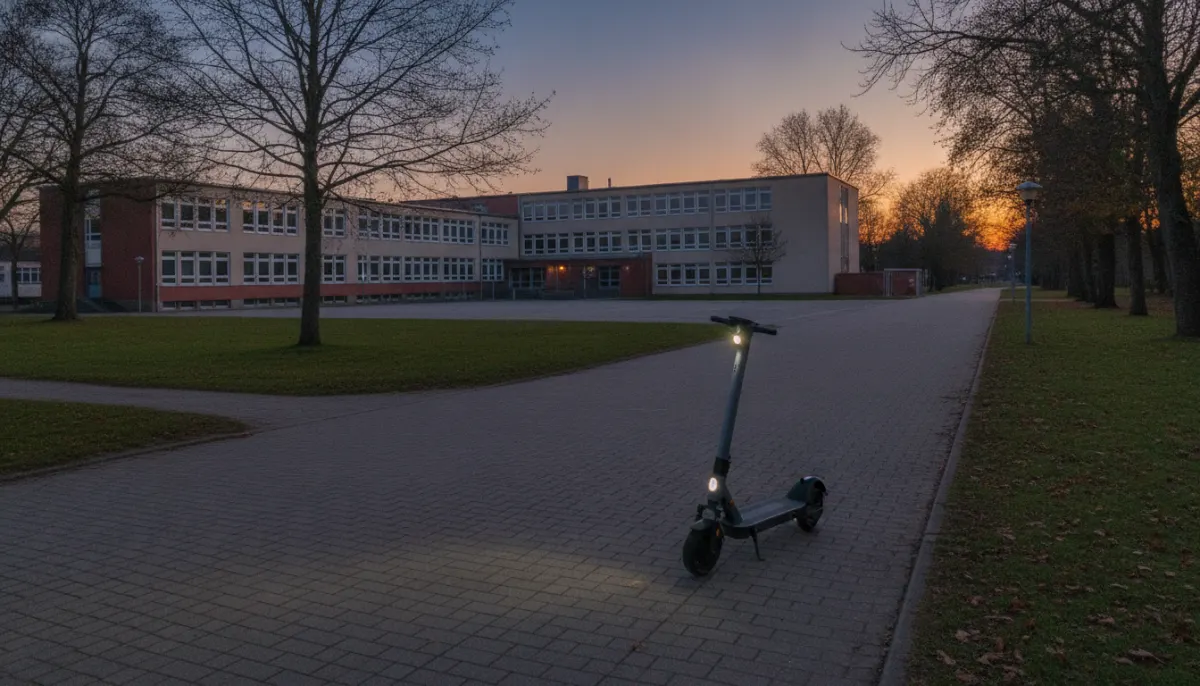 E-hulajnoga przy pustej ścieżce pieszej o zmierzchu