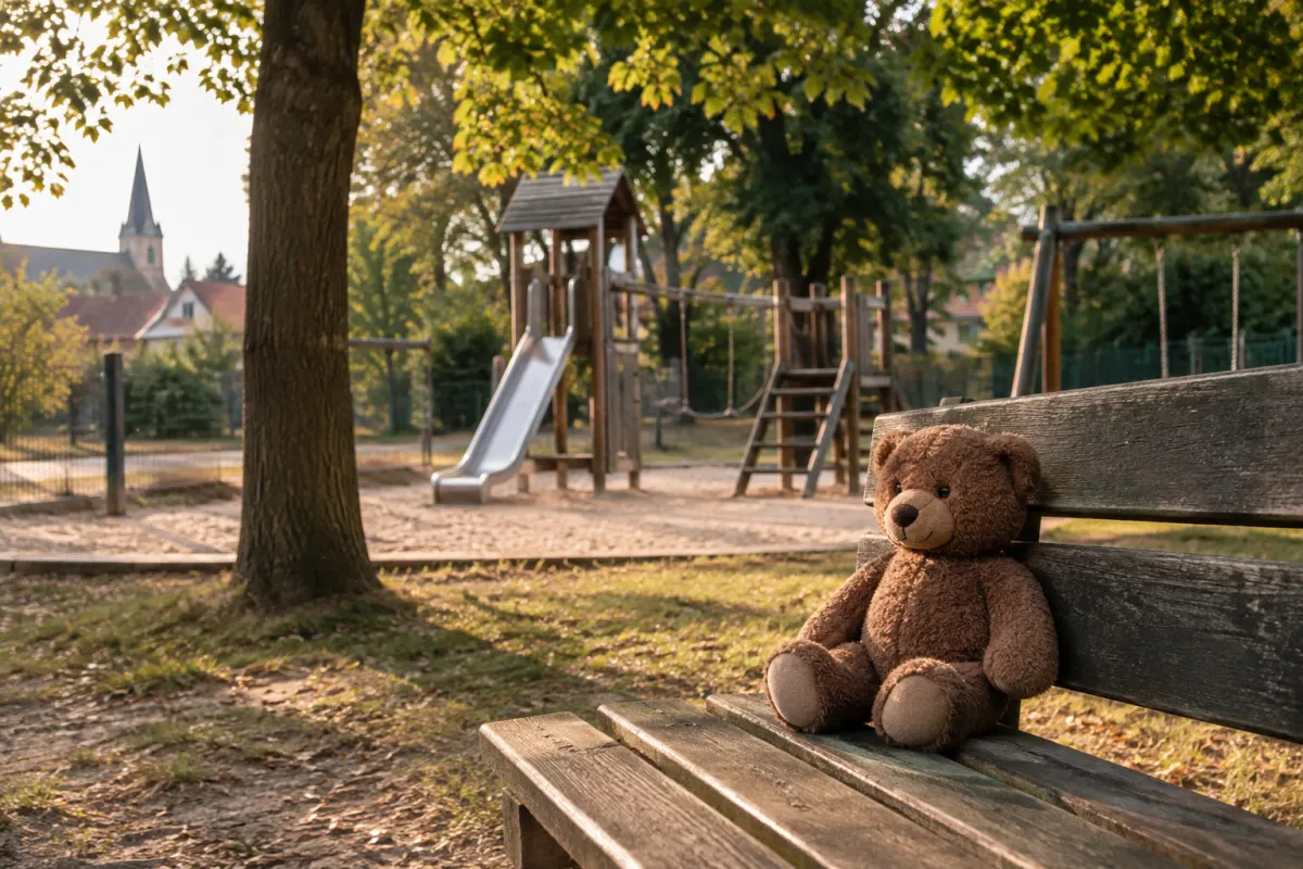 Pluszowa zabawka na ławce przy pustym placu zabaw