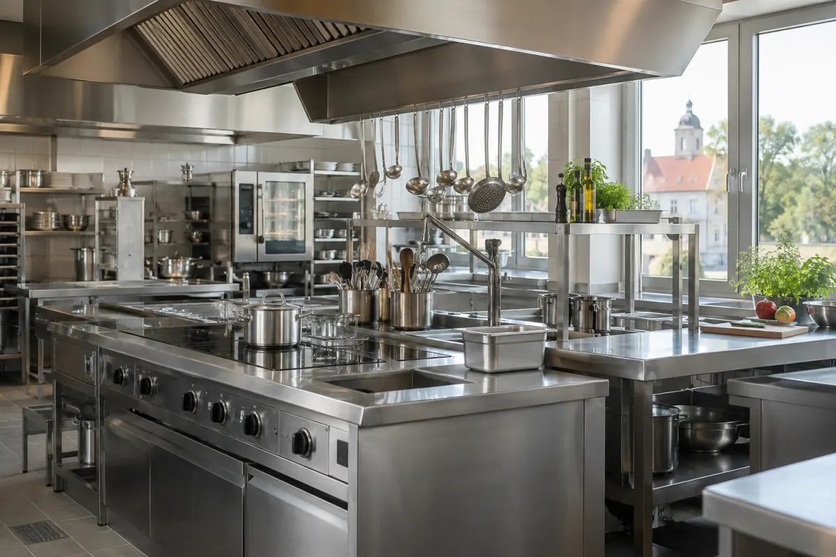 Pusta kuchnia hotelowa z przygotowanymi stanowiskami pracy i stalowymi blatami