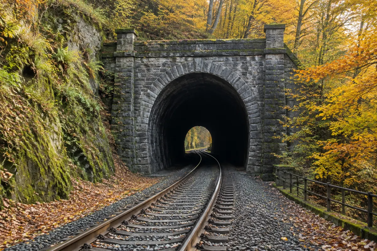 Wjazd do tunelu kolejowego w zalesionych górach Turyngii