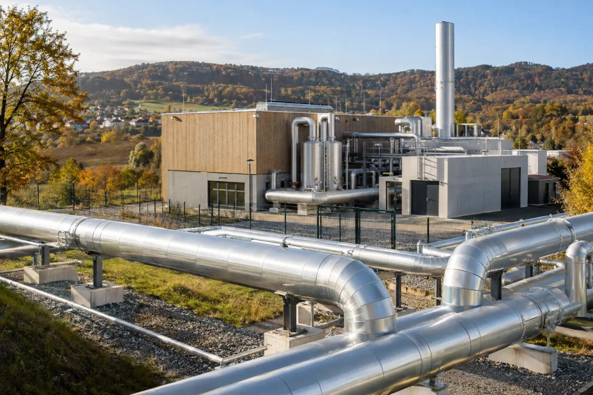 Instalacja geotermalna z rurociągami w przemysłowej części miasta
