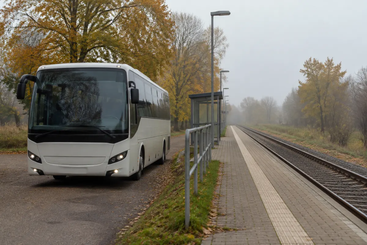 Autobus zastępczy przy peronie regionalnej kolei w Brandenburgii