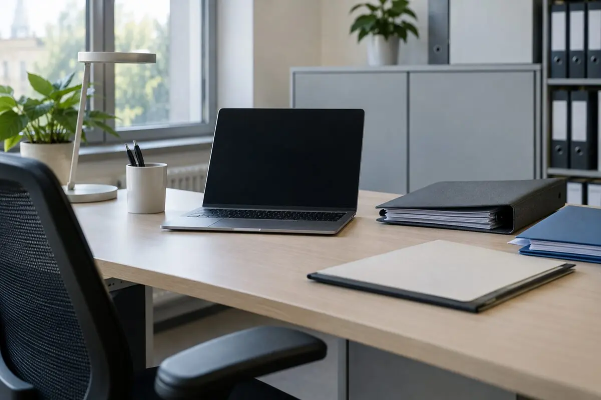 Laptop z wygaszonym ekranem i uporządkowane dokumenty na biurku