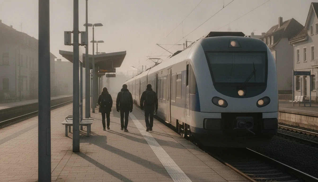 Trzy osoby z plecakami idą rano peronem obok pociągu regionalnego w Niemczech