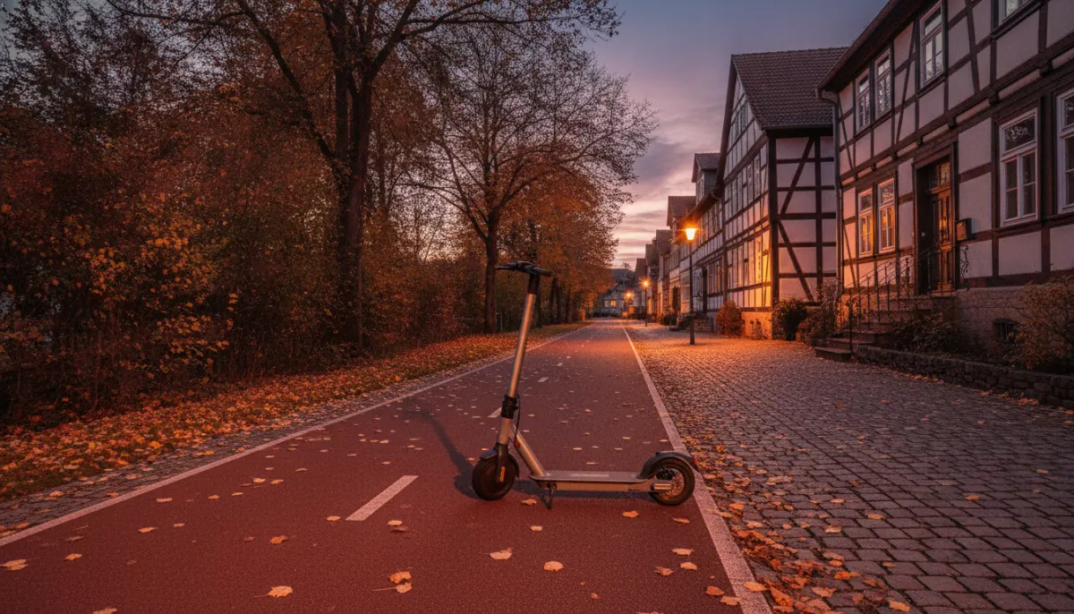 E-hulajnoga zaparkowana obok wydzielonej drogi rowerowej jesienią