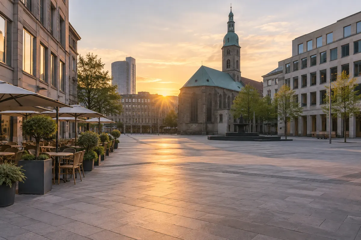 Pusty plac w centrum niemieckiego miasta o poranku