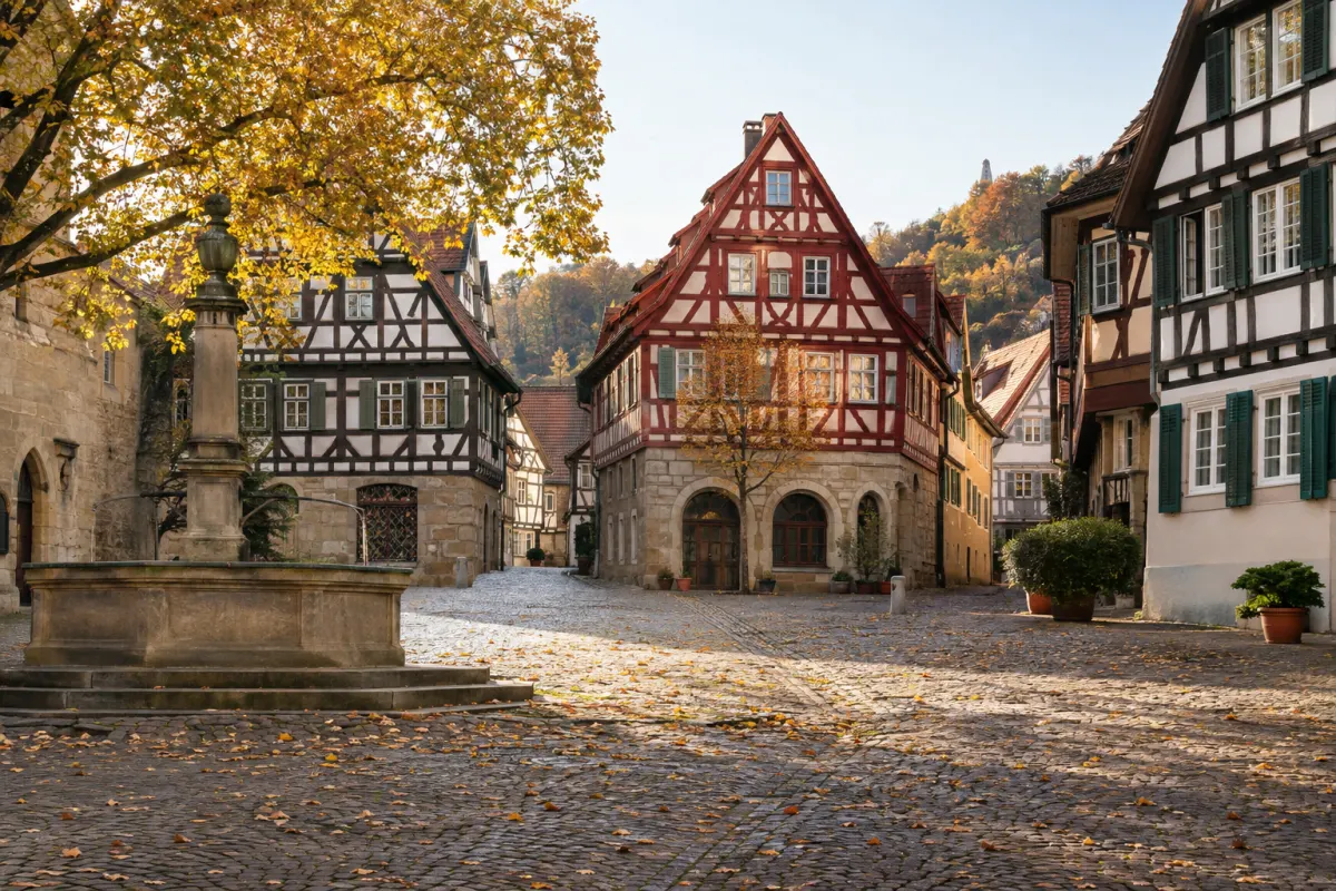 Plac w zabytkowym centrum Esslingen w jesiennym świetle