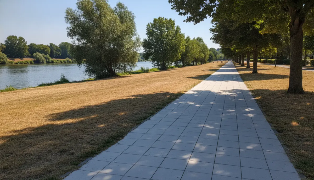 Pusta miejska promenada w letnim słońcu, ilustracja upalnego lata