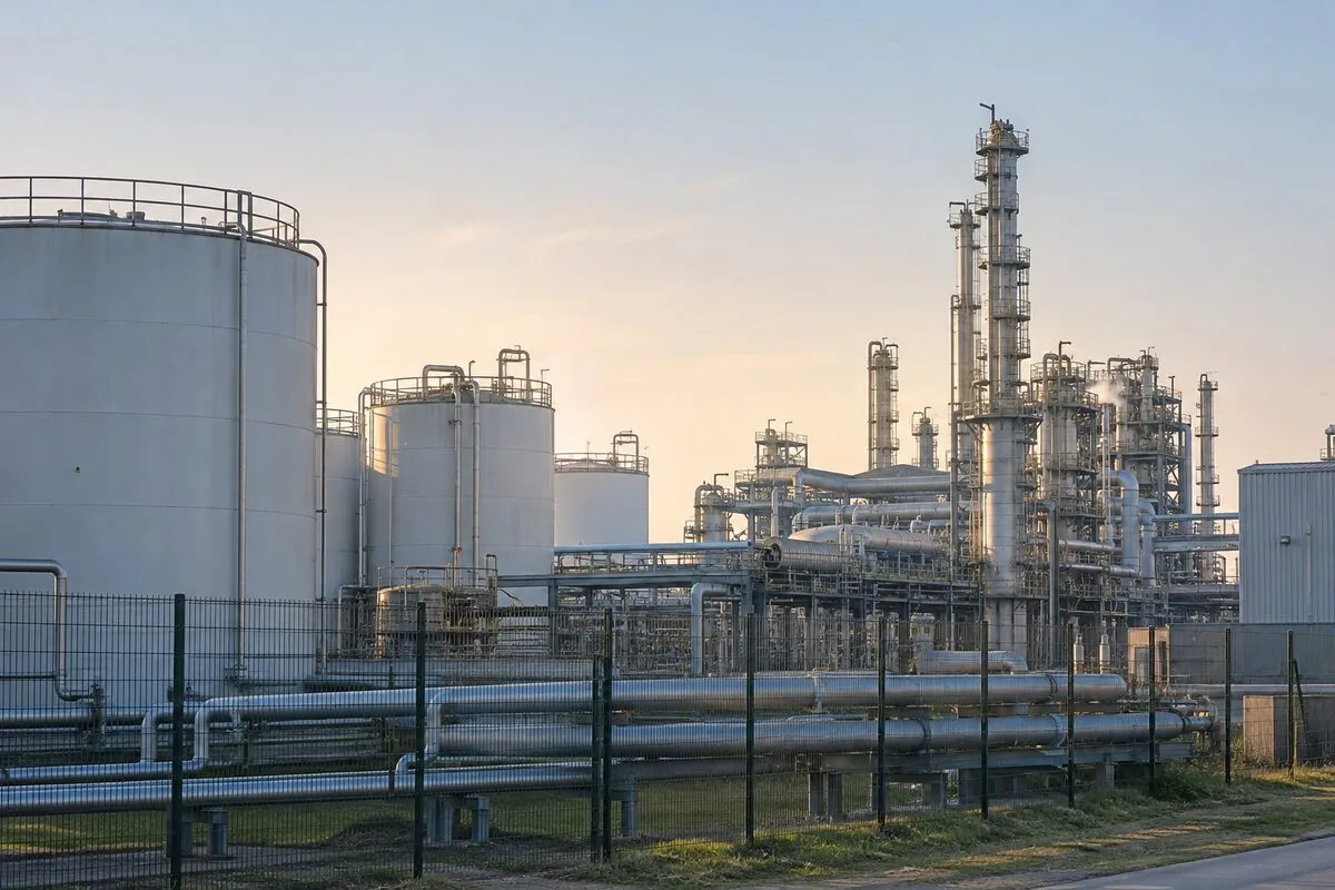 Instalacje przemysłowe zakładu chemicznego widziane zza ogrodzenia