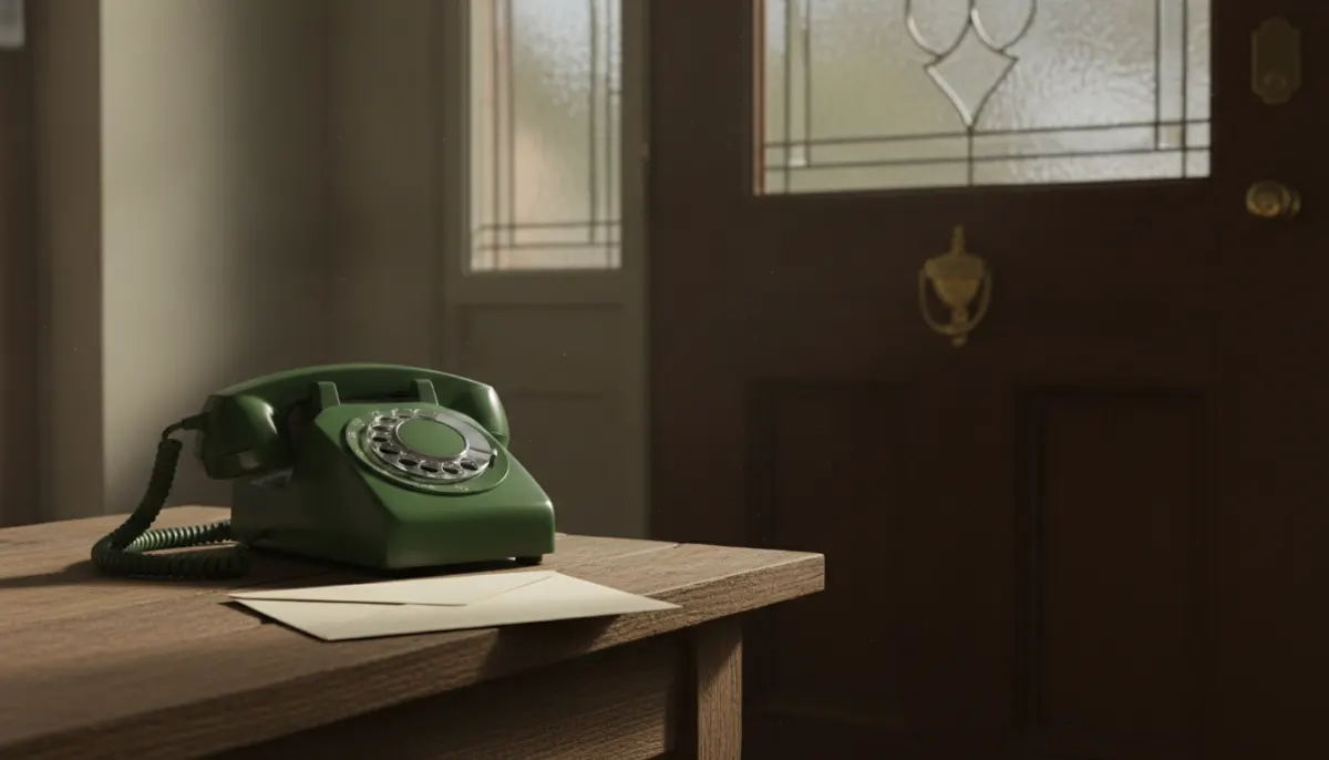 Zamknięta koperta i telefon na stole przy zamkniętych drzwiach