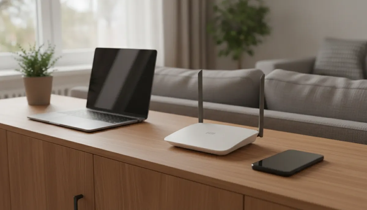 Router bez widocznego logo obok laptopa w domowym salonie