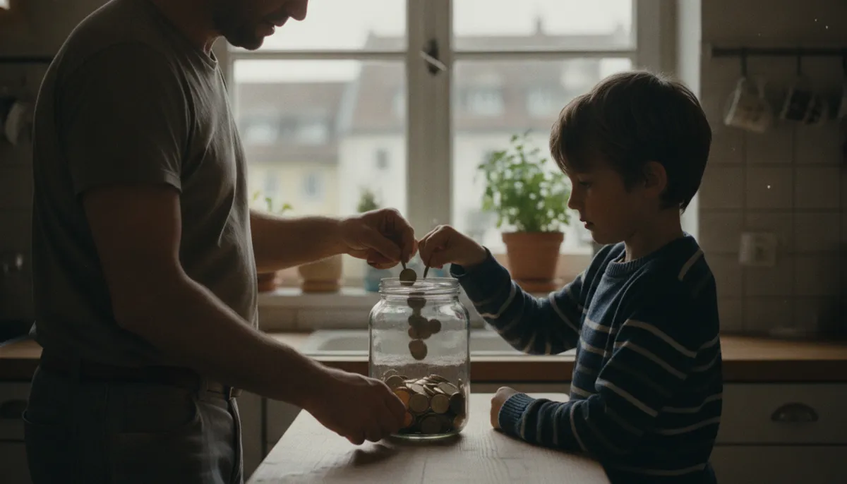 Ojciec z synem w wieku szkolnym wrzucają monety do szklanego słoika na kuchennym blacie