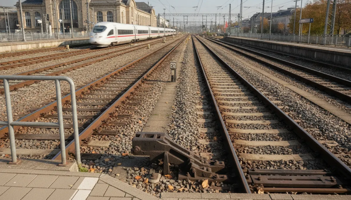 Poglądowy widok torów i zwrotnicy przy dużym dworcu kolejowym