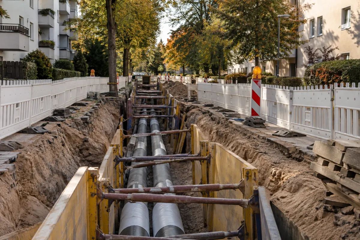 Zabezpieczony wykop na budowie sieci ciepłowniczej w mieście