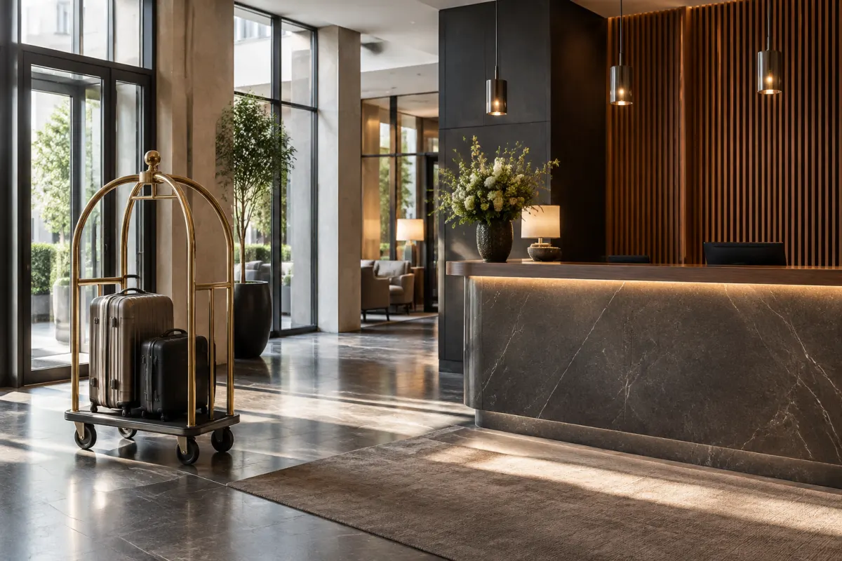 Pusta recepcja hotelowa z zamkniętym stanowiskiem obsługi i bagażowym wózkiem