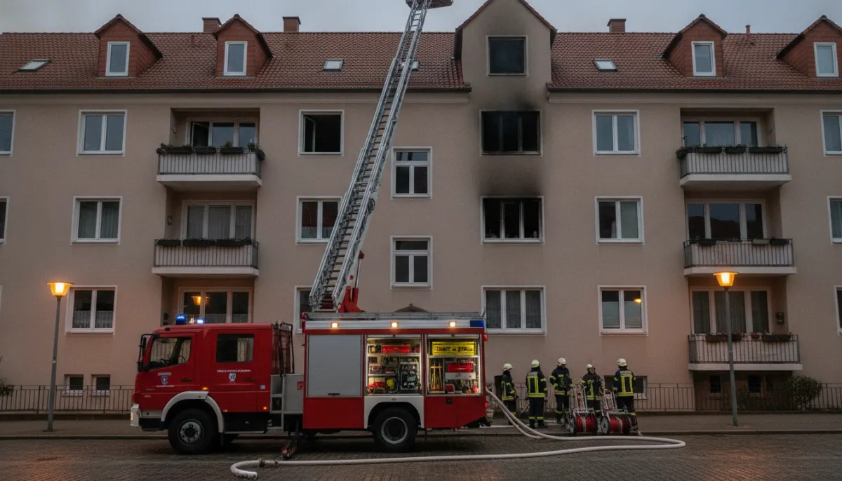 Budynek wielorodzinny o zmierzchu z nieoznakowanym wozem strażackim przed wejściem