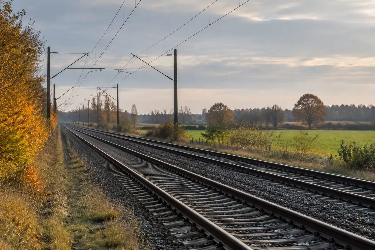 Tory kolejowe na równinnym terenie północnych Niemiec jesienią