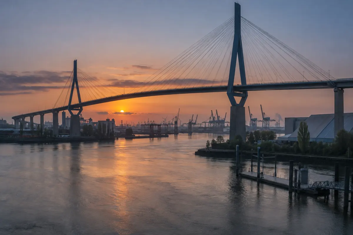 Widok na most nad hamburskim portem o poranku
