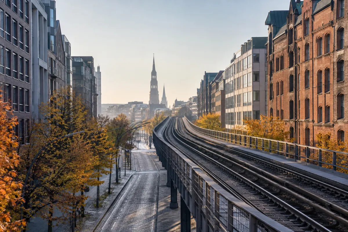 Pusty nadziemny tor metra nad ulicą w centrum Hamburga w jesienny poranek