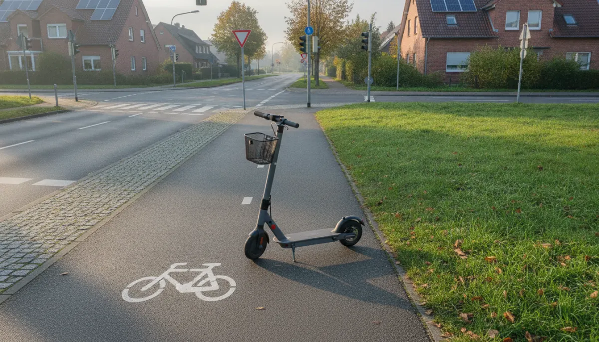 Hulajnoga elektryczna przy drodze rowerowej i skrzyżowaniu, bez uczestników wypadku