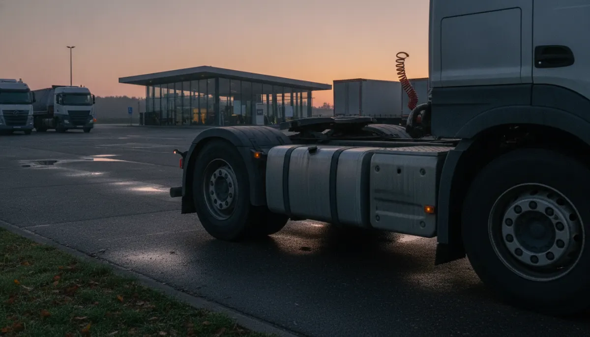 Ciężarówka na parkingu przy autostradzie, widok na zbiornik paliwa