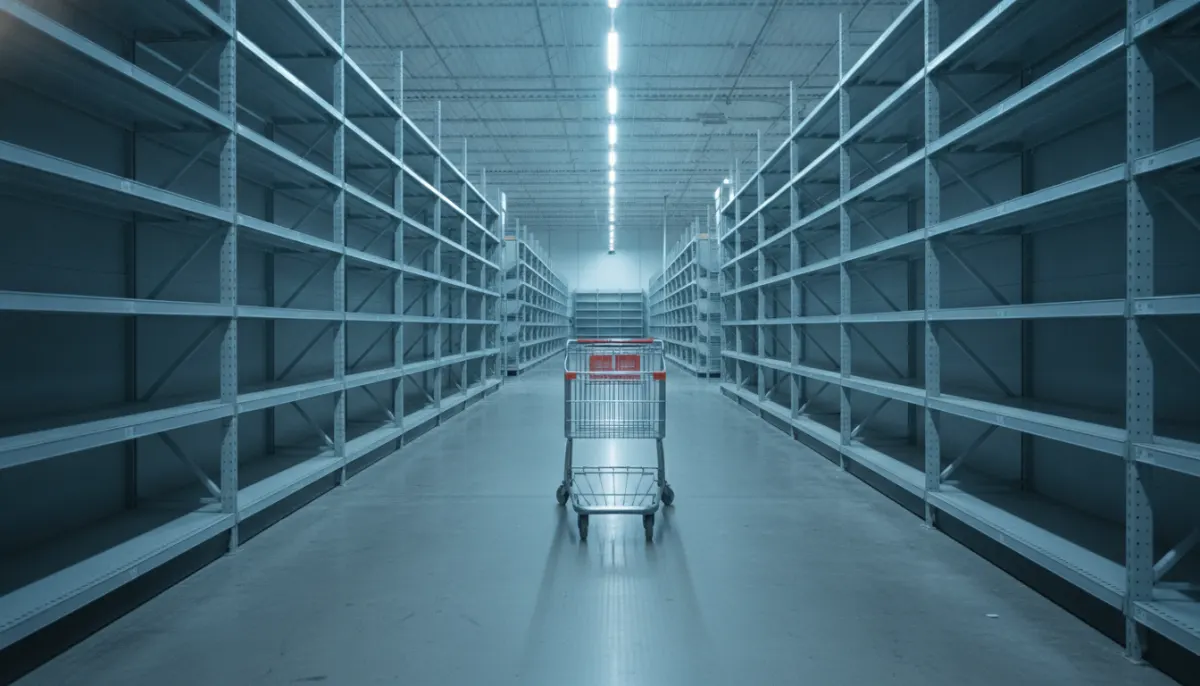 Puste metalowe regały w dużym markecie budowlanym, wózek sklepowy na środku alejki, chłodne światło