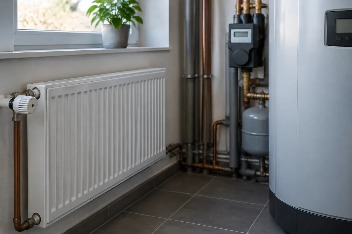 Grzejnik i licznik energii w domowym pomieszczeniu gospodarczym