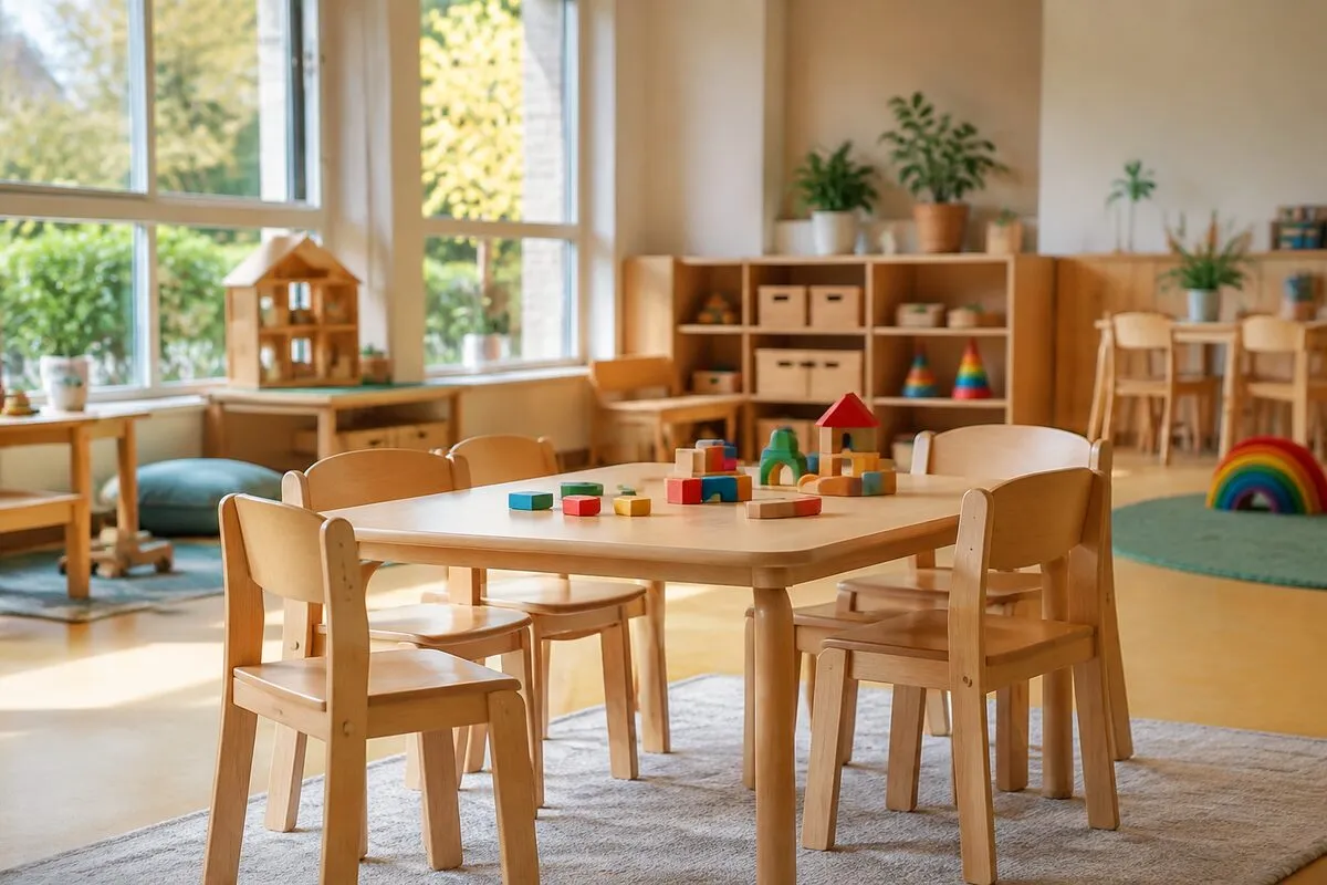 Pusta sala przedszkolna z małymi krzesłami, klockami i niskimi regałami