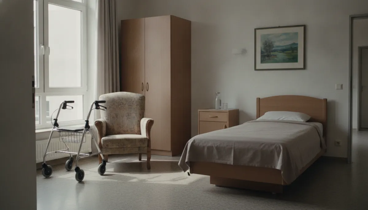 Pusty pokój w domu opieki z fotelem i balkonikiem przy oknie